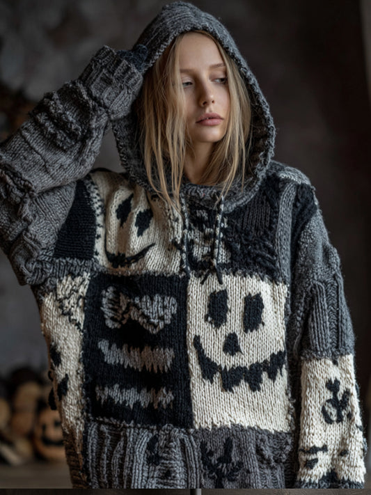 Halloween Patchwork Pumpkin Smiley Face Hooded Sweater