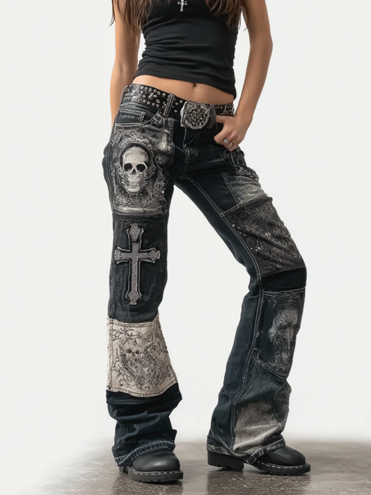 Rock Punk Skull Cross Element Retro Distressed Heavy Workwear Women's Denim Long Pants