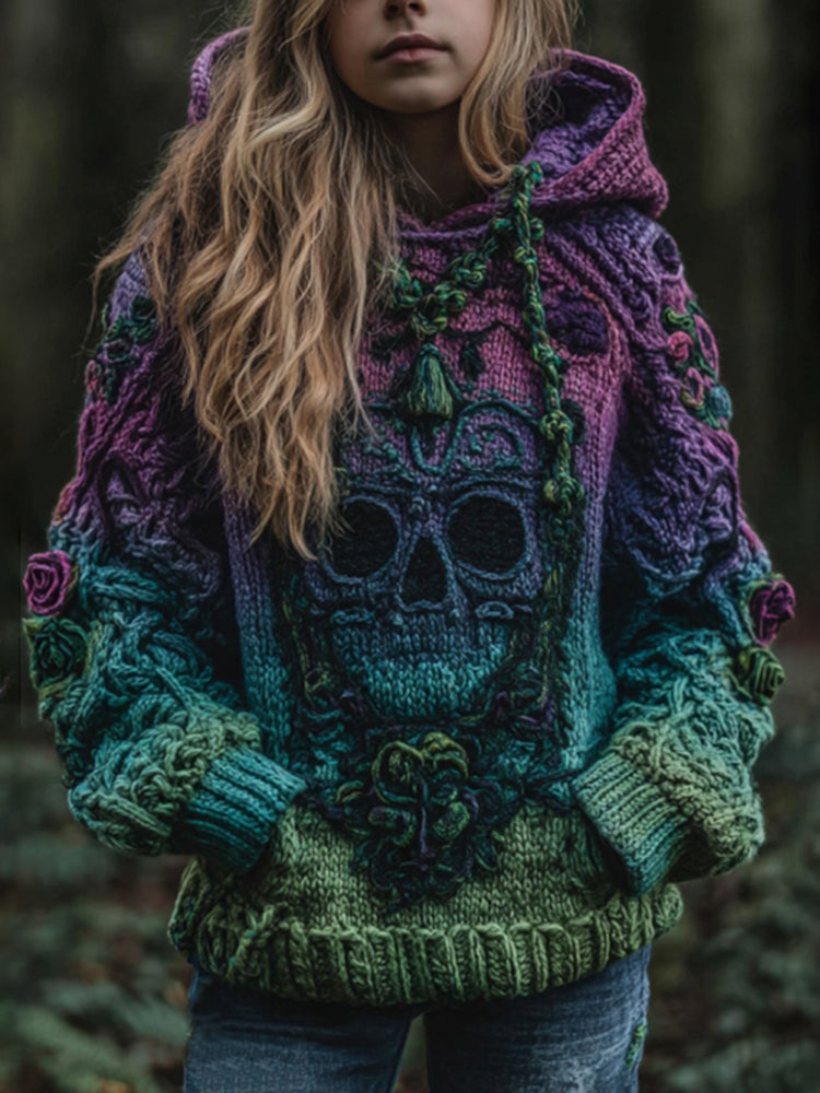 Women's Vintage Viking Skull Gradient Art Knit Hooded Sweater