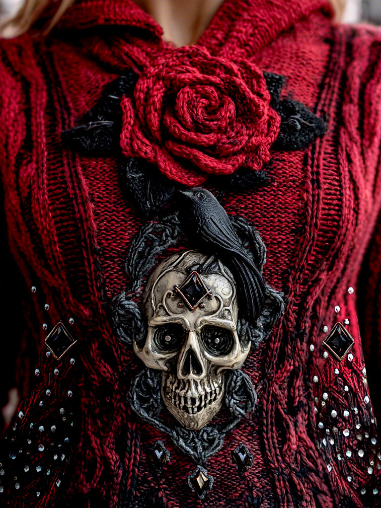 Women's Viking Tribal Raven With Rose And Skull Inspired Knit Hooded Sweater