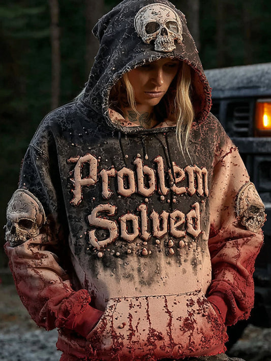 Unisex Vintage Bloody "problem Solved" With Skull Art Hoodie